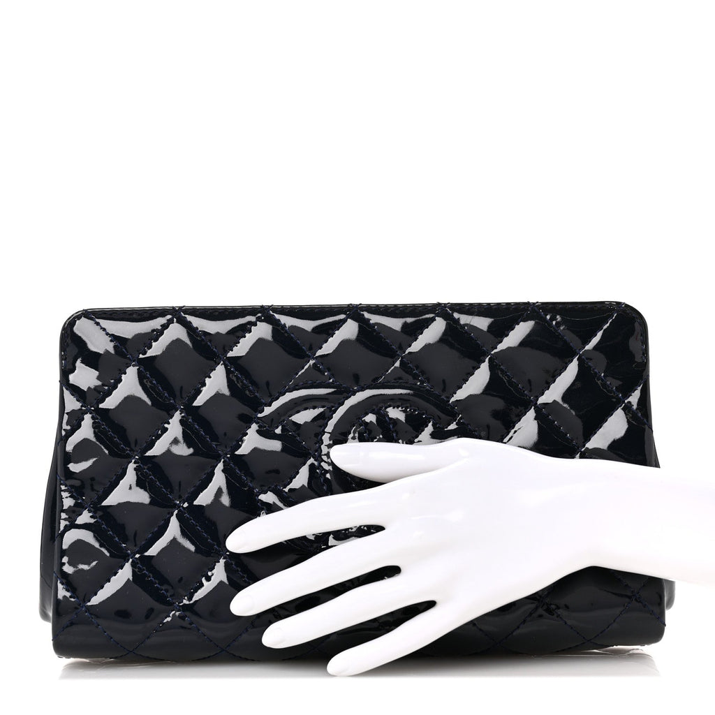Chanel Patent CC Quilted Timeless Clutch Navy