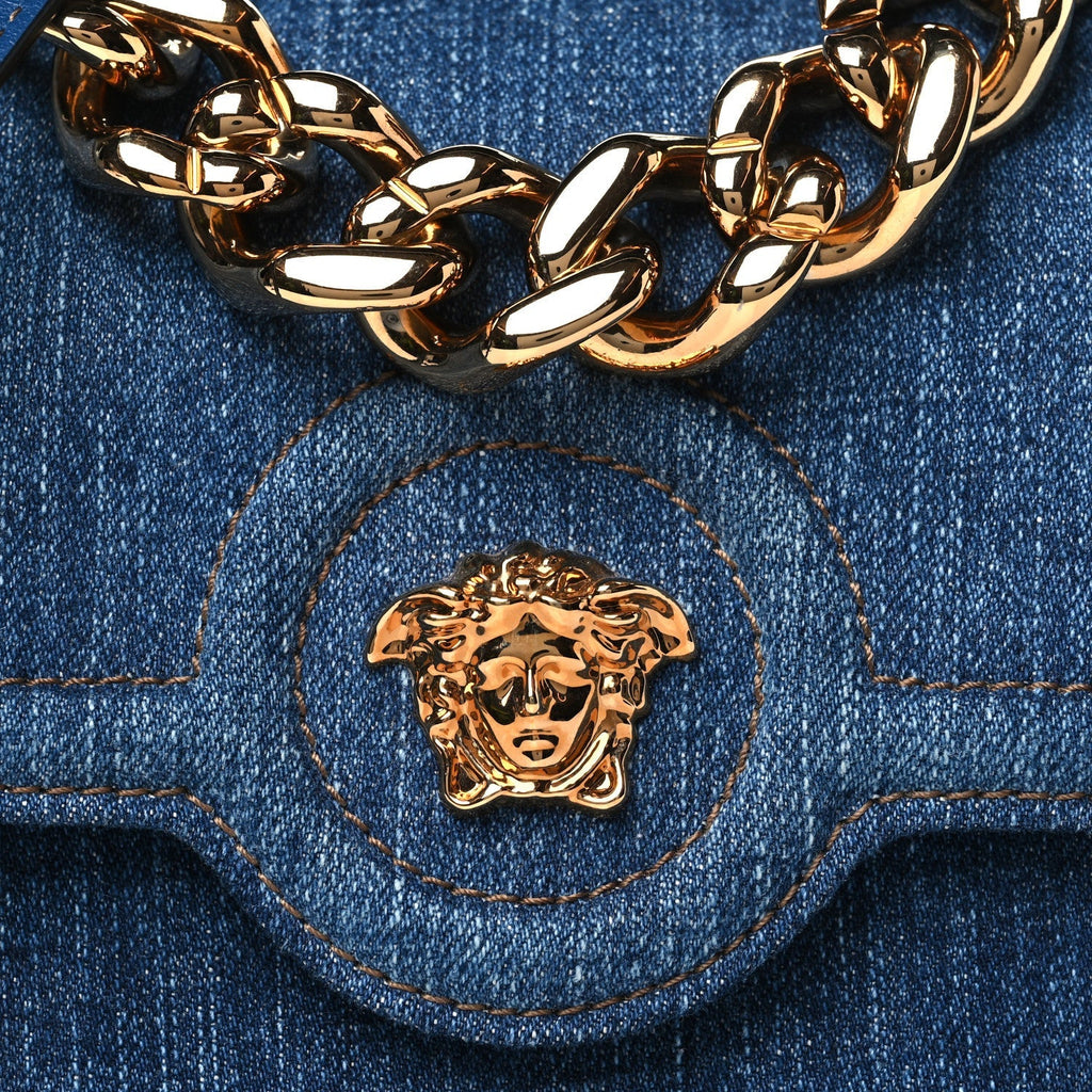 Versace Denim La Medusa Chain Shoulder Bag Navy Blue