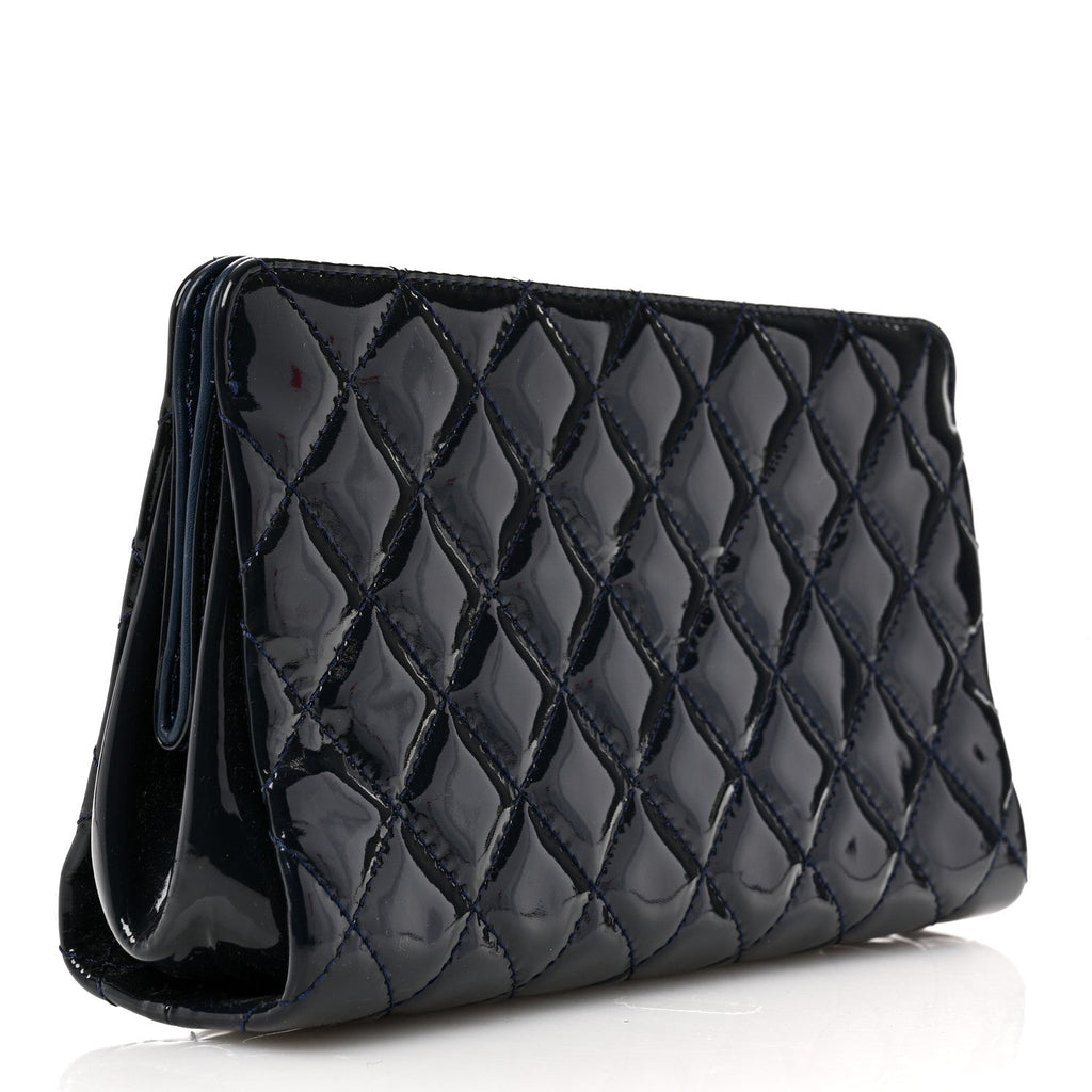 Chanel Patent CC Quilted Timeless Clutch Navy