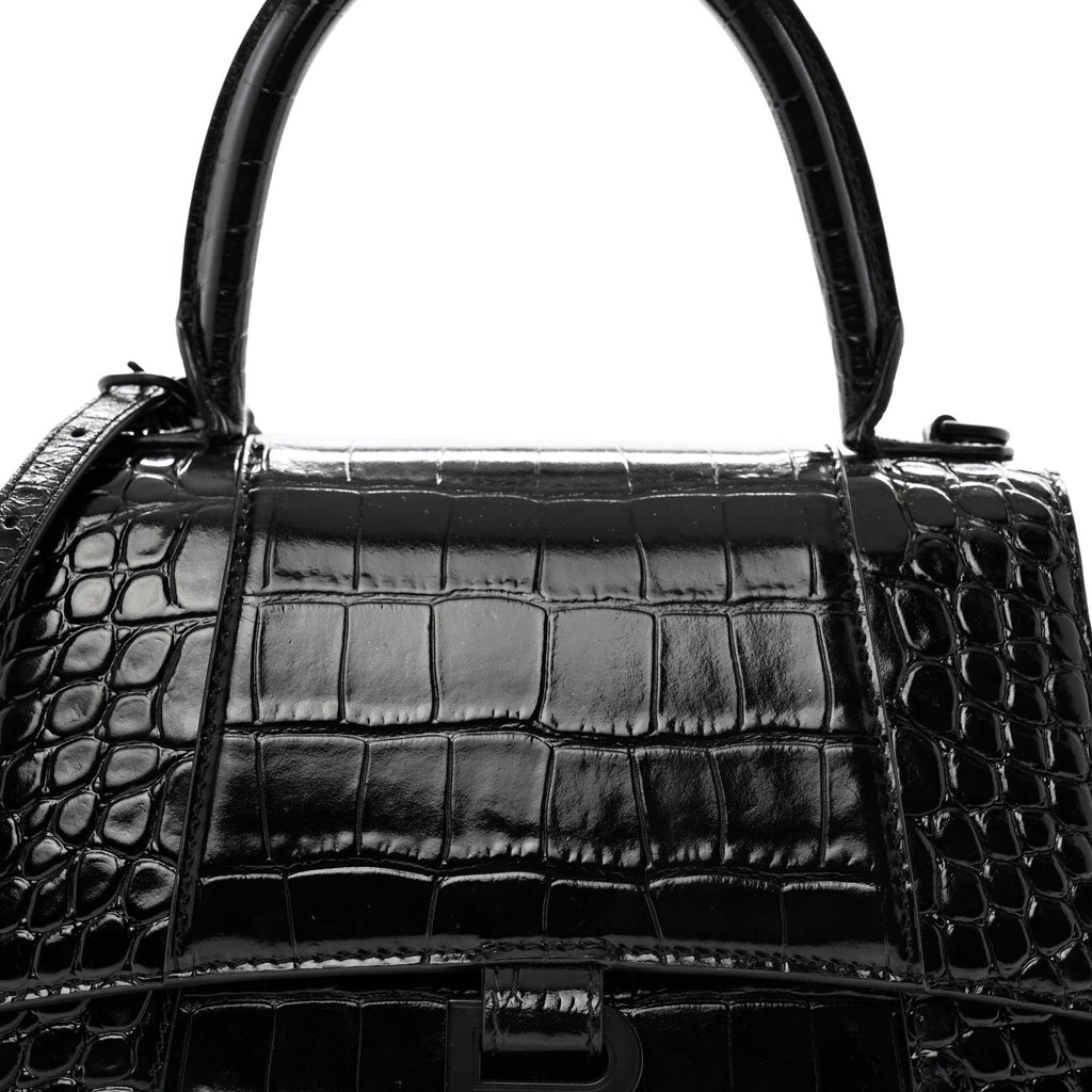 Balenciaga Shiny Calfskin Monochrome Crocodile Embossed Small Hourglass Top Handle Bag Black
