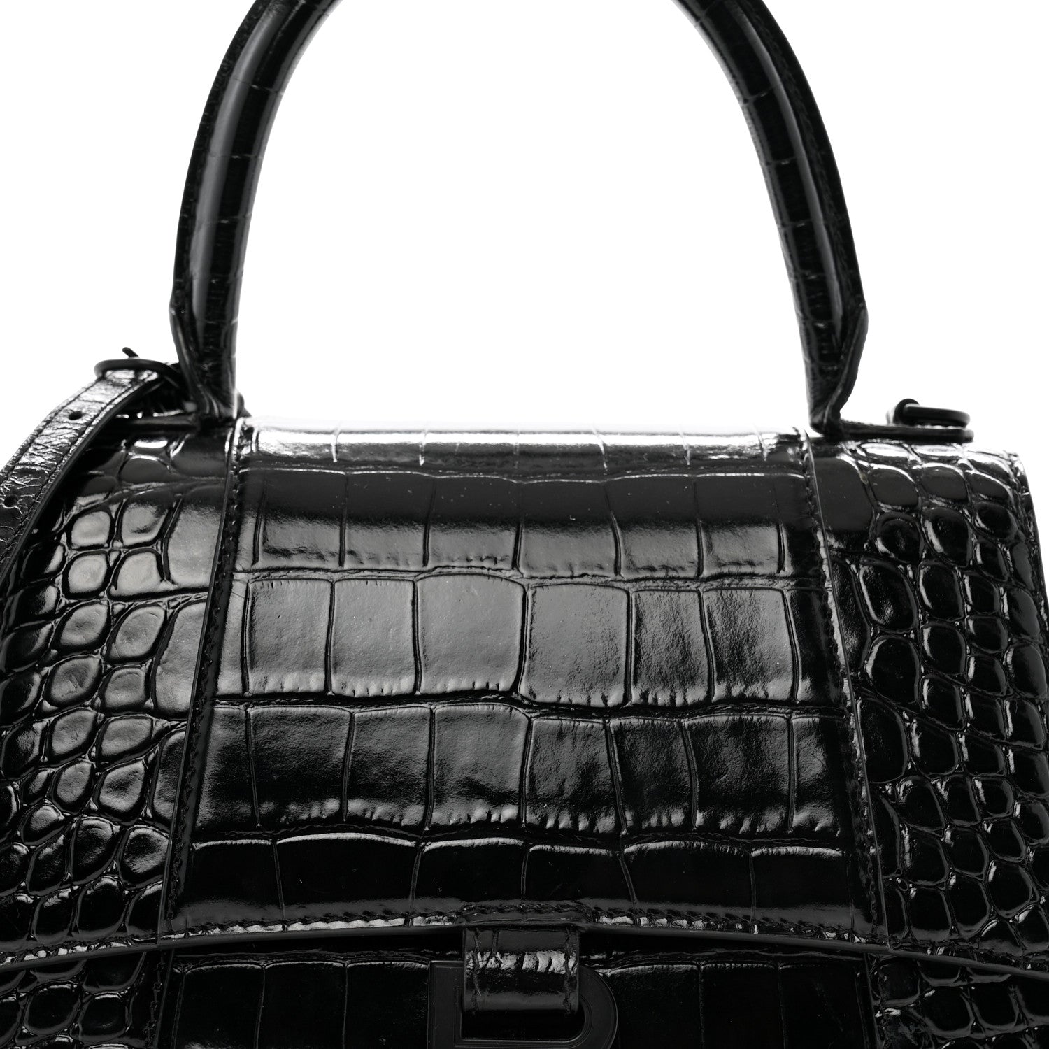 Balenciaga Shiny Calfskin Monochrome Crocodile Embossed Small Hourglass Top Handle Bag Black