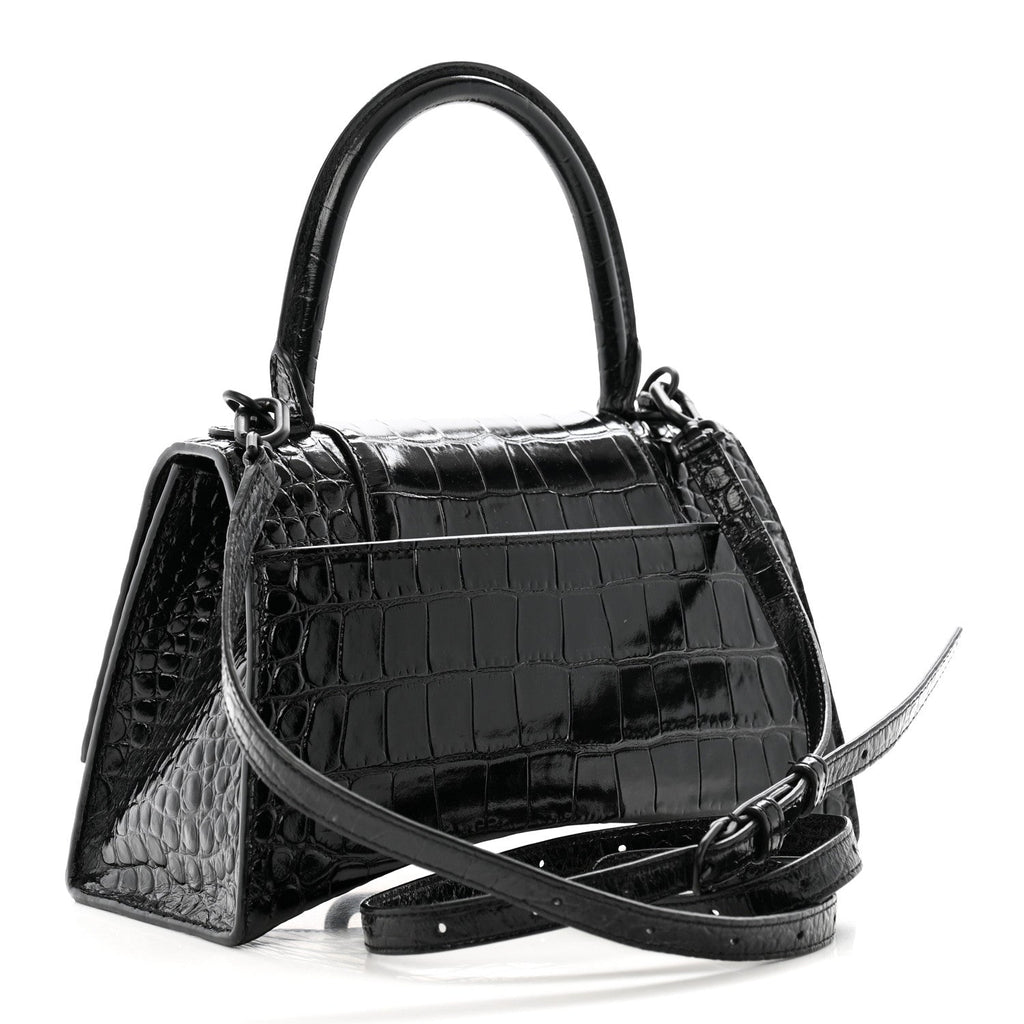 Balenciaga Shiny Calfskin Monochrome Crocodile Embossed Small Hourglass Top Handle Bag Black