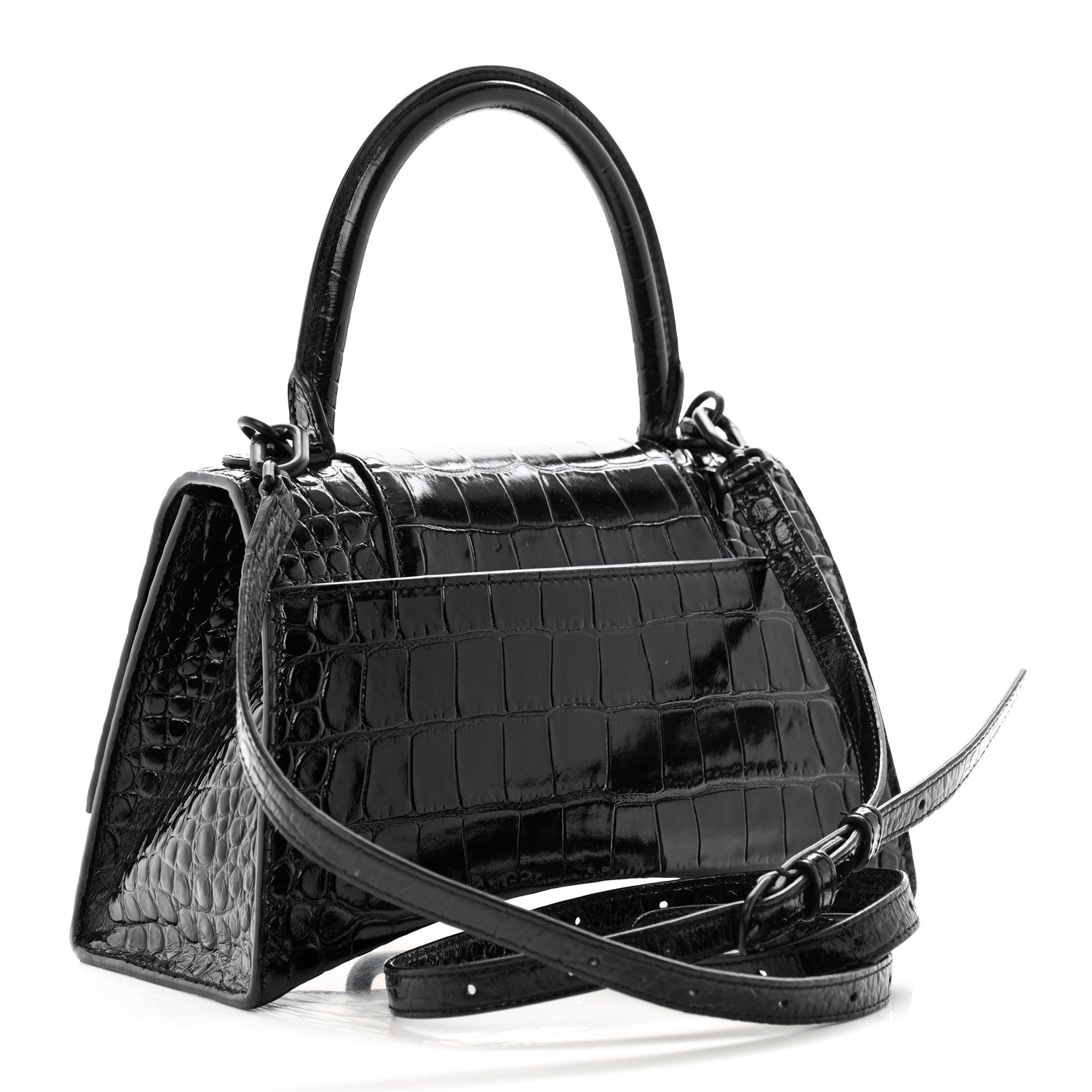 Balenciaga Shiny Calfskin Monochrome Crocodile Embossed Small Hourglass Top Handle Bag Black