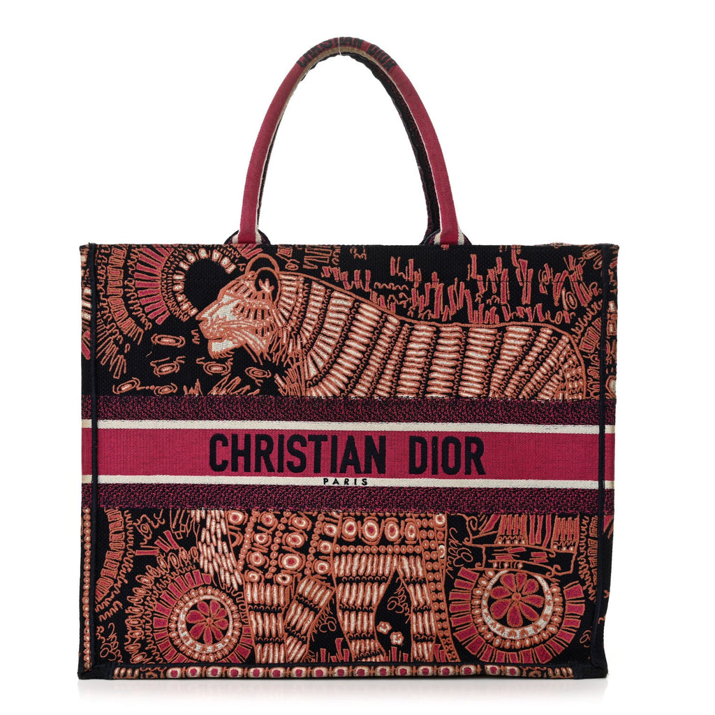 Christian Dior Canvas Embroidered Dior Animals Tiger Book Tote Deep Blue Fuchsia