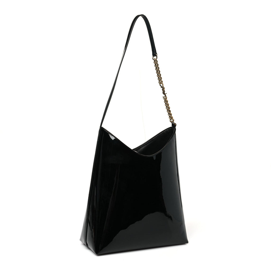 Saint Laurent Patent Calfskin Rendez-Vous Hobo Black