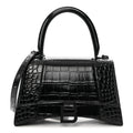 Balenciaga Shiny Calfskin Monochrome Crocodile Embossed Small Hourglass Top Handle Bag Black
