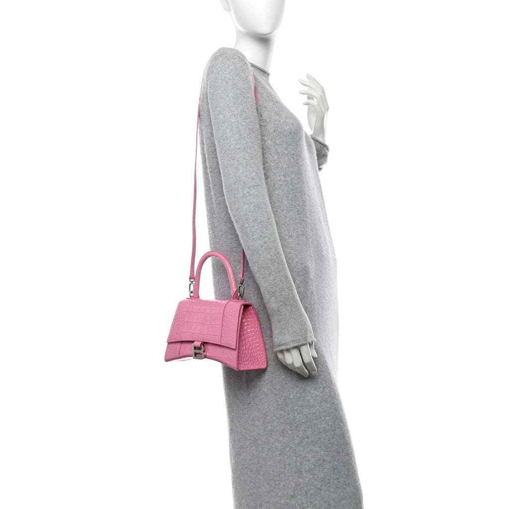 Balenciaga Shiny Calfskin Crocodile Embossed Small Hourglass Top Handle Bag Baby Pink
