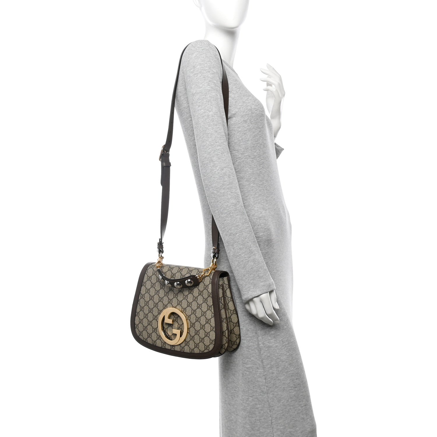 Gucci GG Supreme Monogram Textured Dollar Calfskin Web Medium Blondie Top Handle Shoulder Flap Bag Beige Ebony New Acero