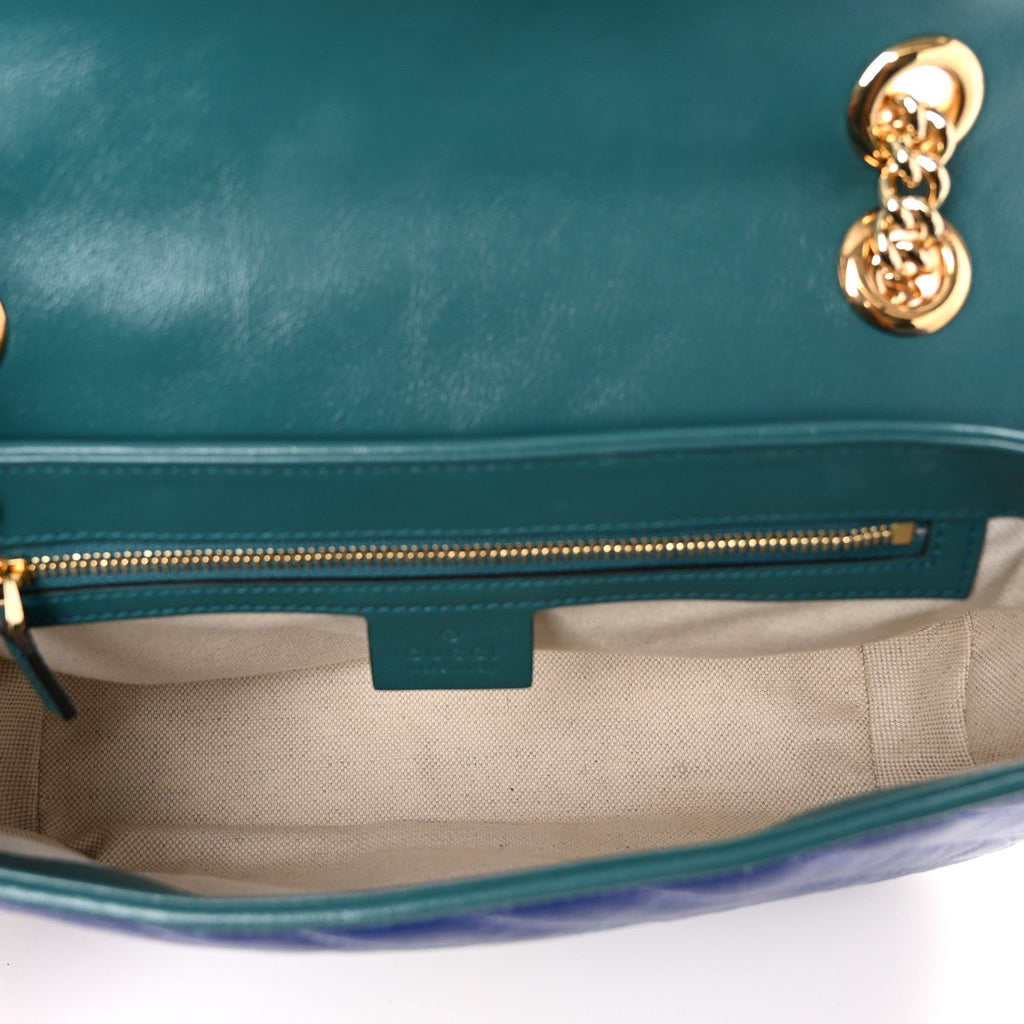 Gucci Azalea Calfskin Enamel Matelasse Diagonal Small Torchon GG Marmont Shoulder Bag Imperial Blue Pavone