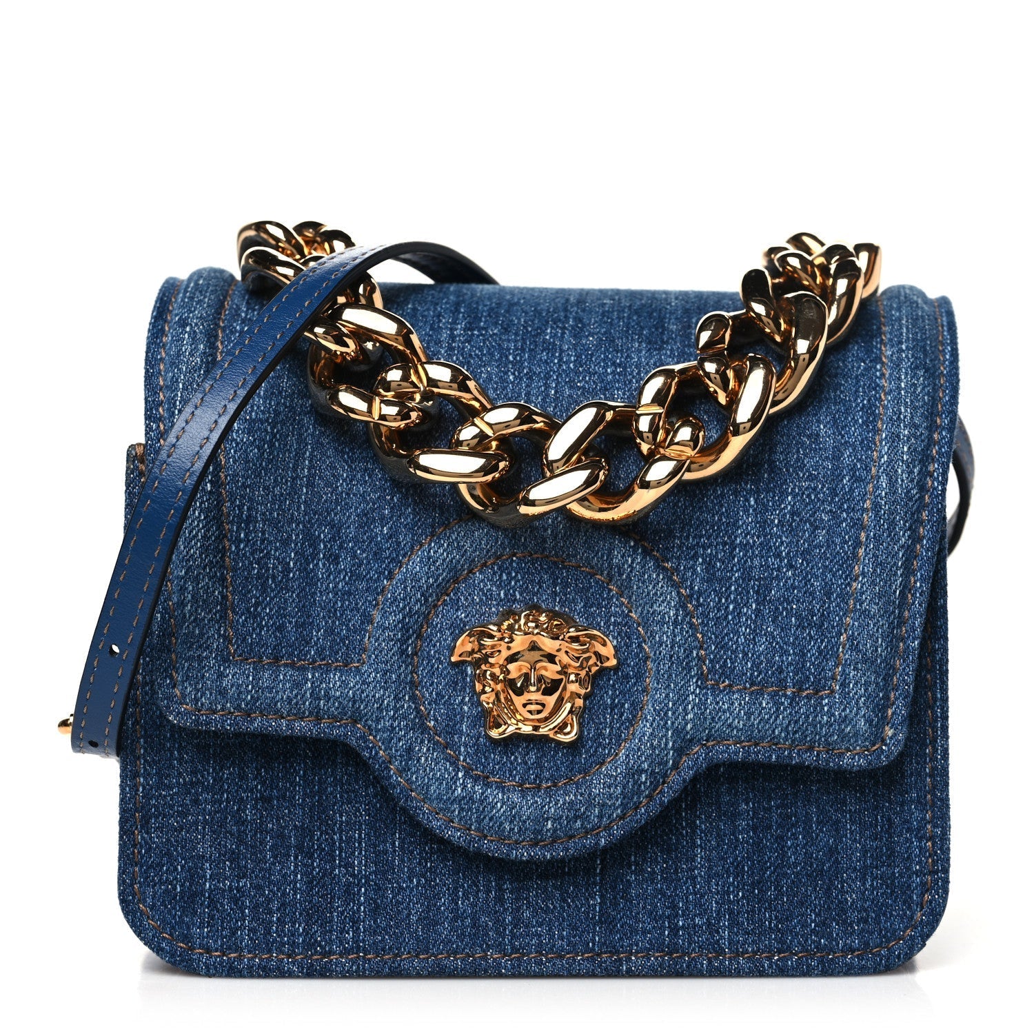 Versace Denim La Medusa Chain Shoulder Bag Navy Blue