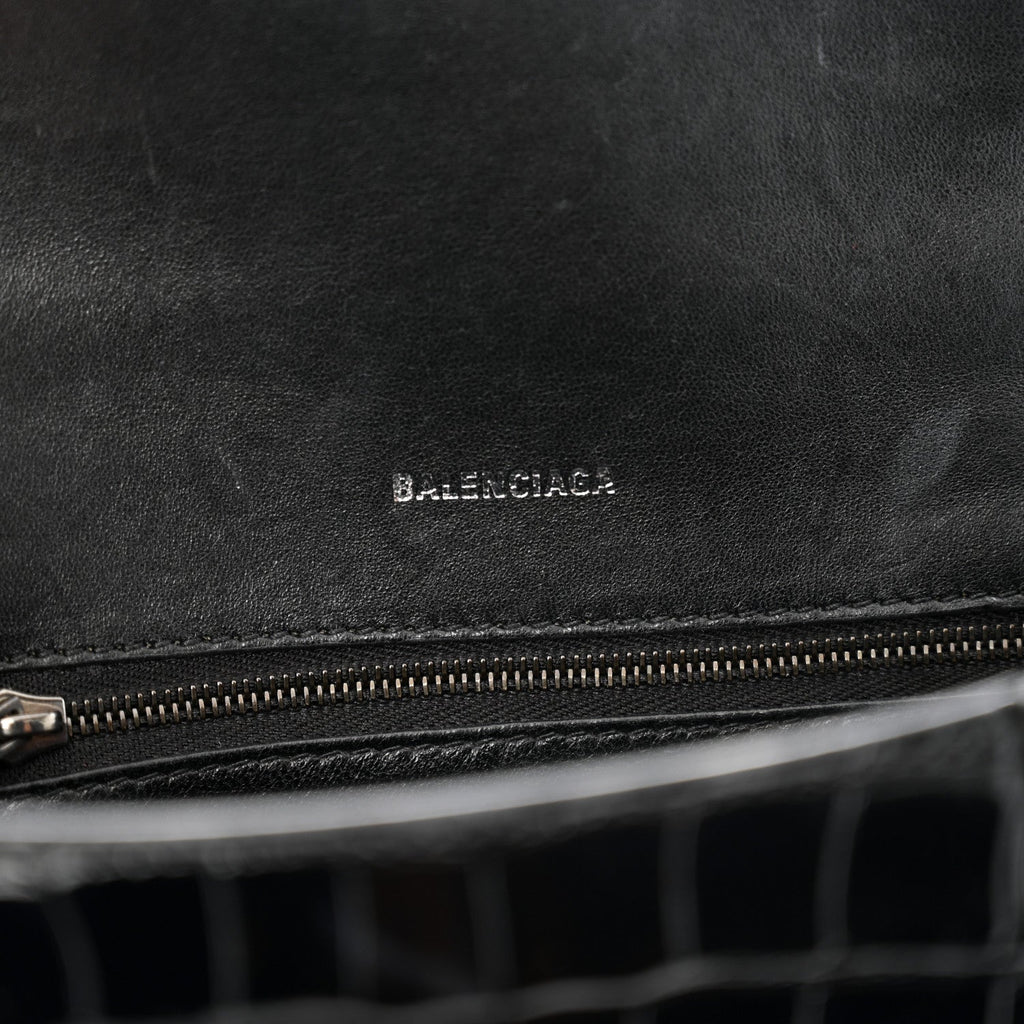 Balenciaga Shiny Calfskin Monochrome Crocodile Embossed Small Hourglass Top Handle Bag Black