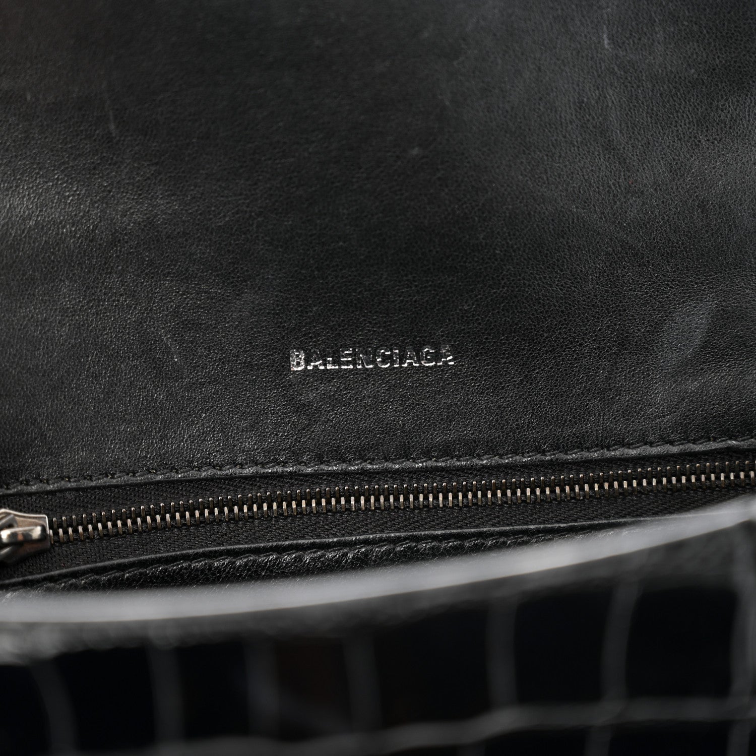 Balenciaga Shiny Calfskin Monochrome Crocodile Embossed Small Hourglass Top Handle Bag Black