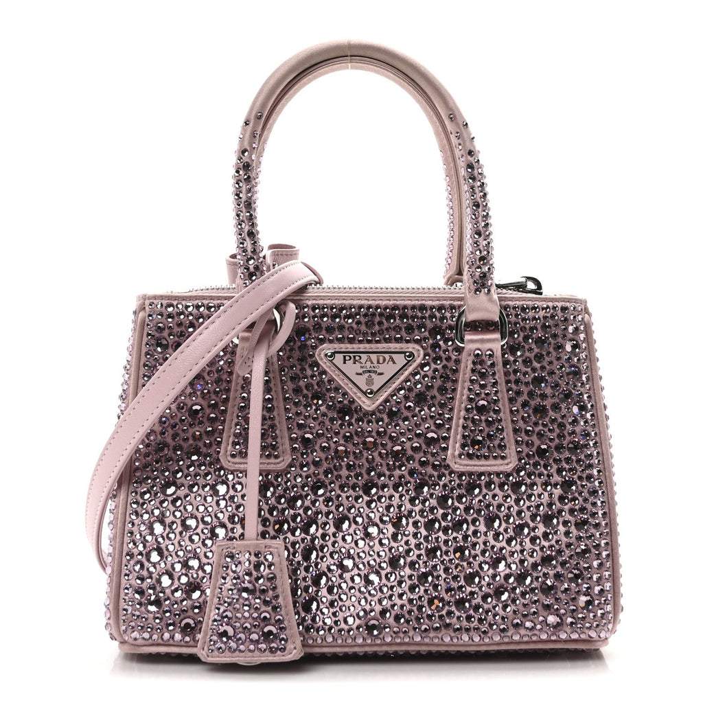Prada Satin Crystal Mini Galleria Double Zip Tote Alabastro
