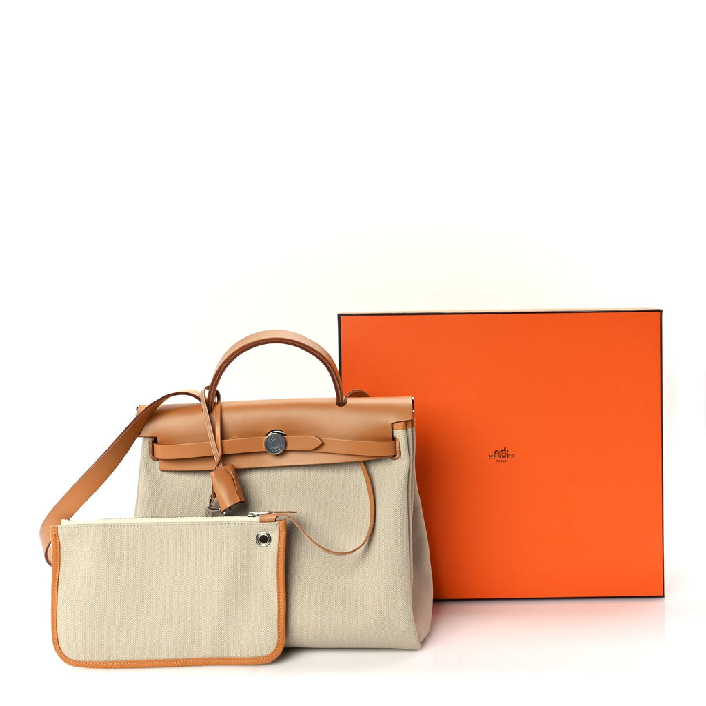 Hermes Military Toile Vache Hunter Herbag Zip Retourne 31 PM Beton Naturel