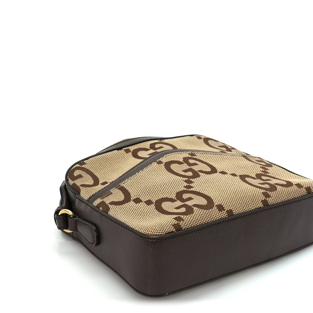 Gucci Monogram Jumbo GG Textured Dollar Calfskin Web Messenger Shoulder Bag Camel Ebony New Acero