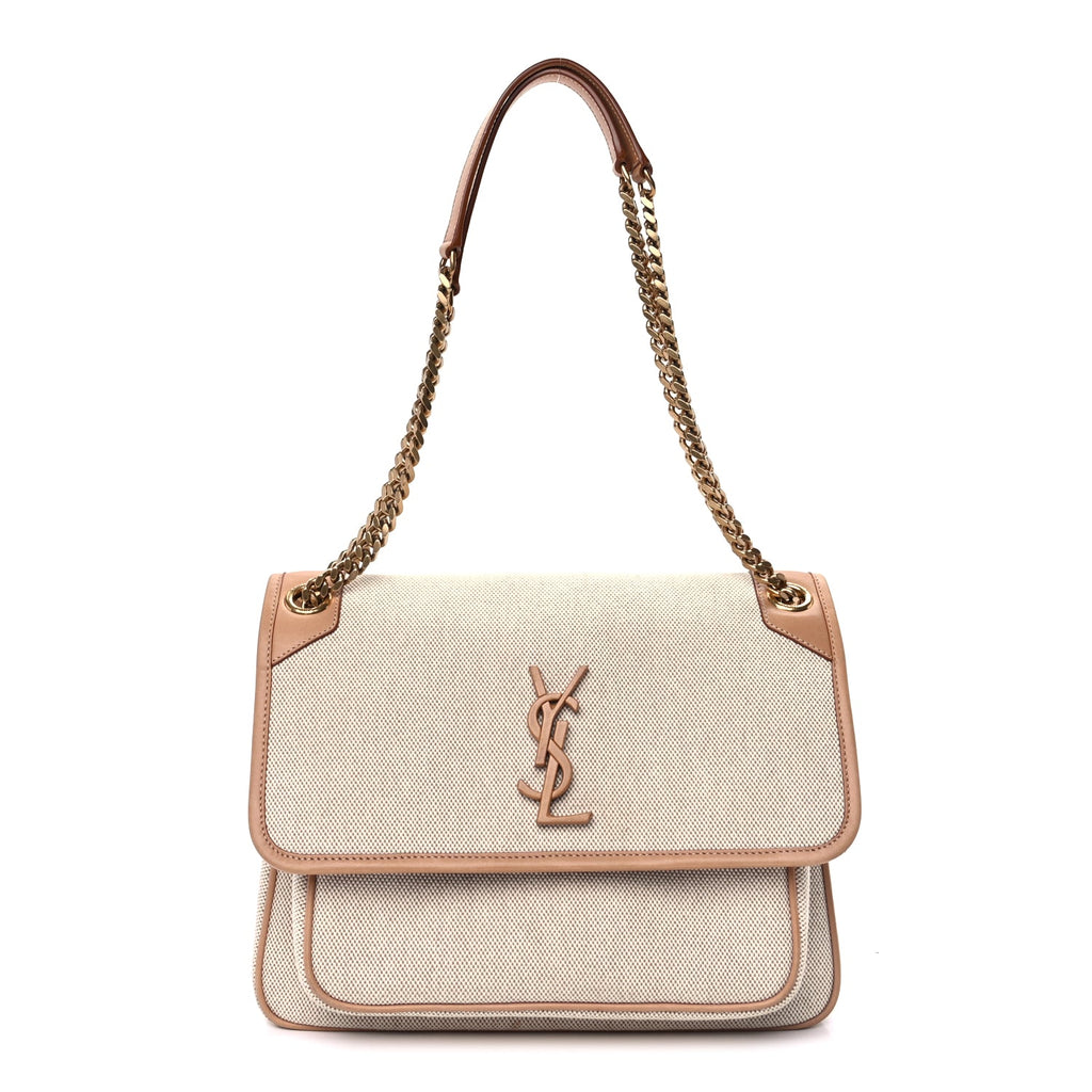 Saint Laurent Cotton Canvas Vintage Calfskin Monogram Medium Niki Chain Satchel  Cream Tan