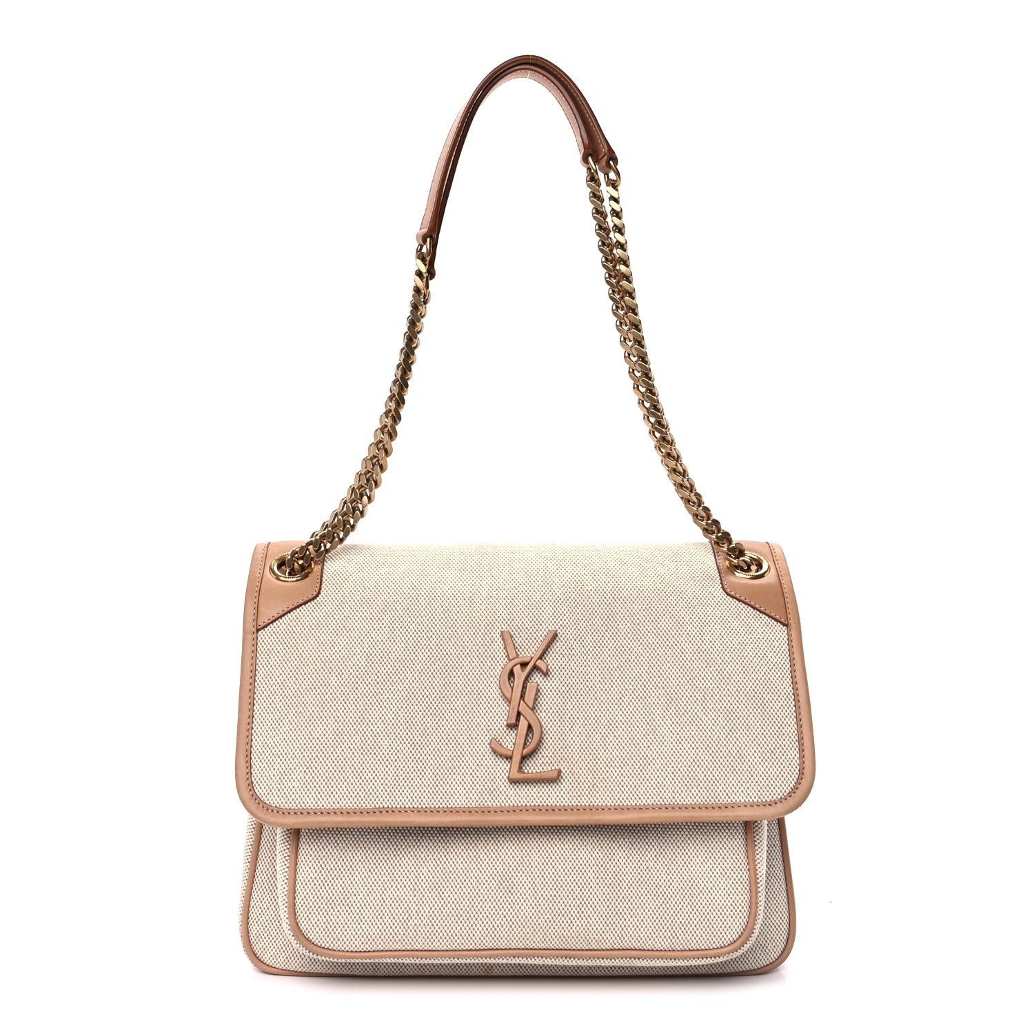 Saint Laurent Cotton Canvas Vintage Calfskin Monogram Medium Niki Chain Satchel  Cream Tan