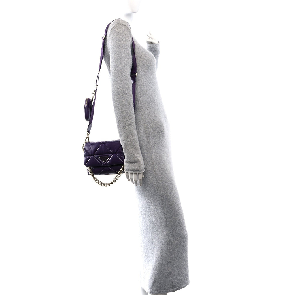 Prada Nappa Re-Nylon Triangle Quilted Patchwork System Flap Shoulder Bag Viola