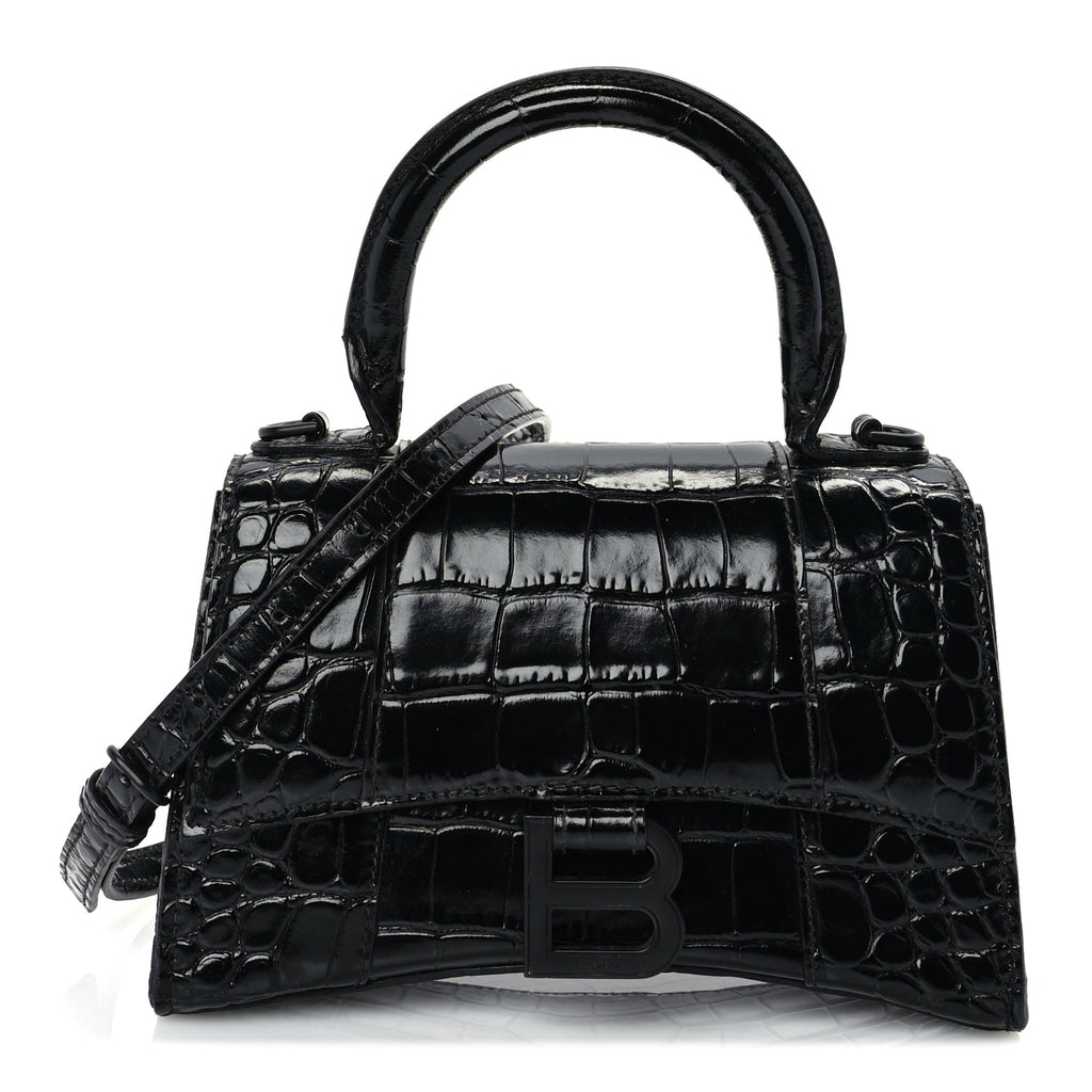 Balenciaga Shiny Calfskin Monochrome Crocodile Embossed Hourglass Top Handle Bag XS Black