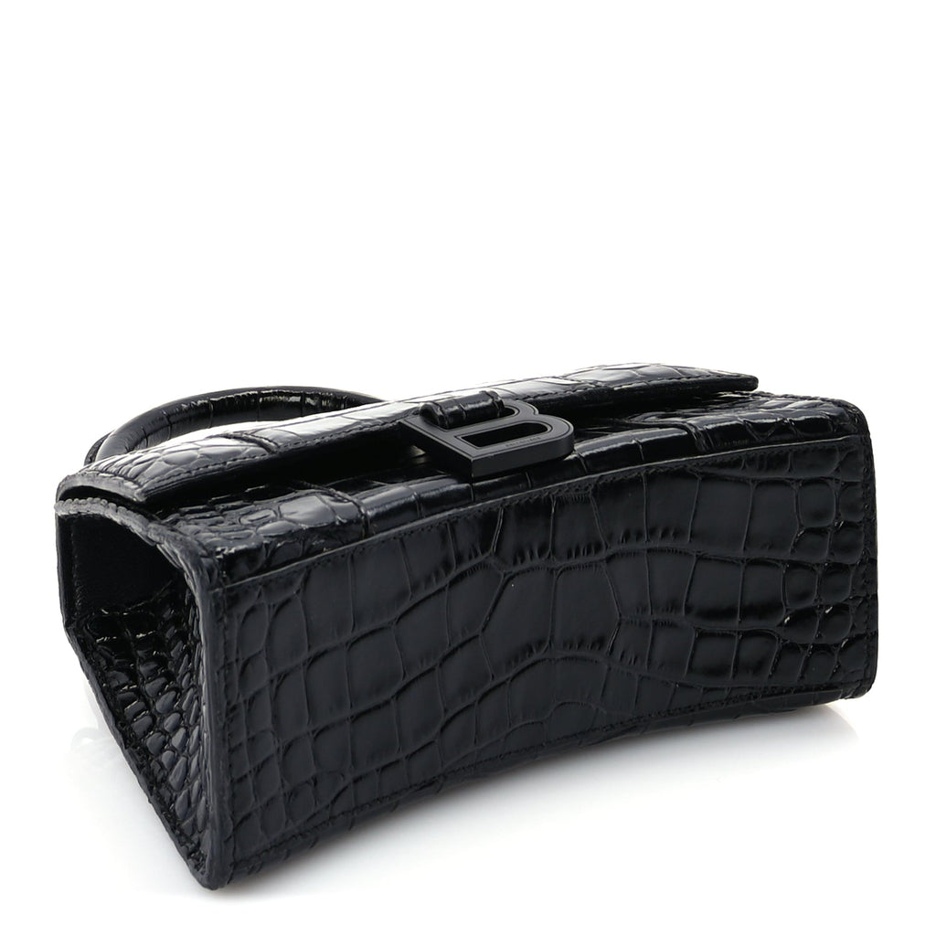 Balenciaga Shiny Calfskin Monochrome Crocodile Embossed Hourglass Top Handle Bag XS Black