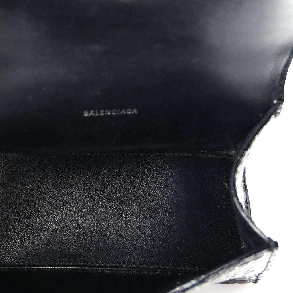Balenciaga Shiny Calfskin Monochrome Crocodile Embossed Hourglass Top Handle Bag XS Black