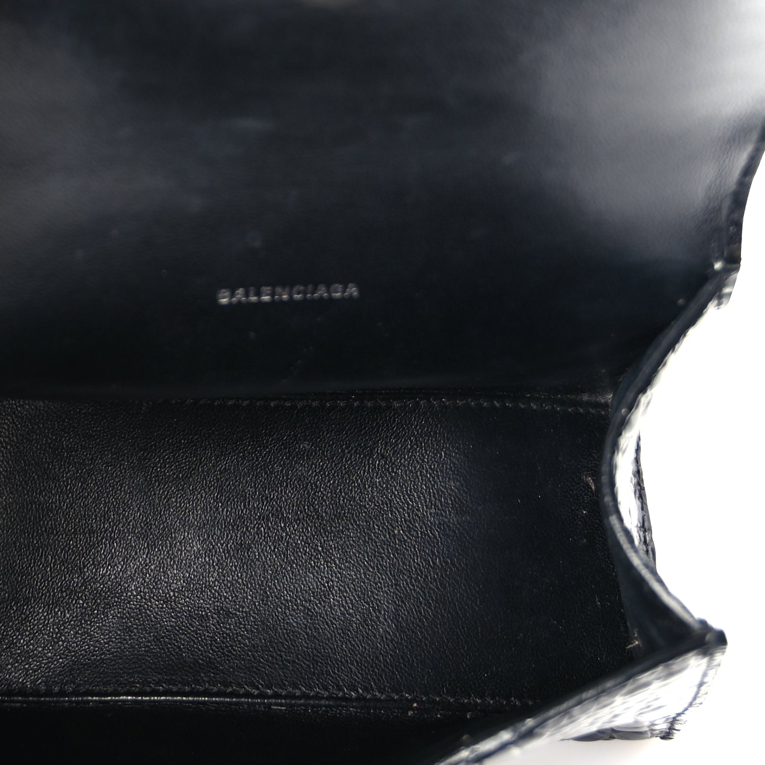 Balenciaga Shiny Calfskin Monochrome Crocodile Embossed Hourglass Top Handle Bag XS Black