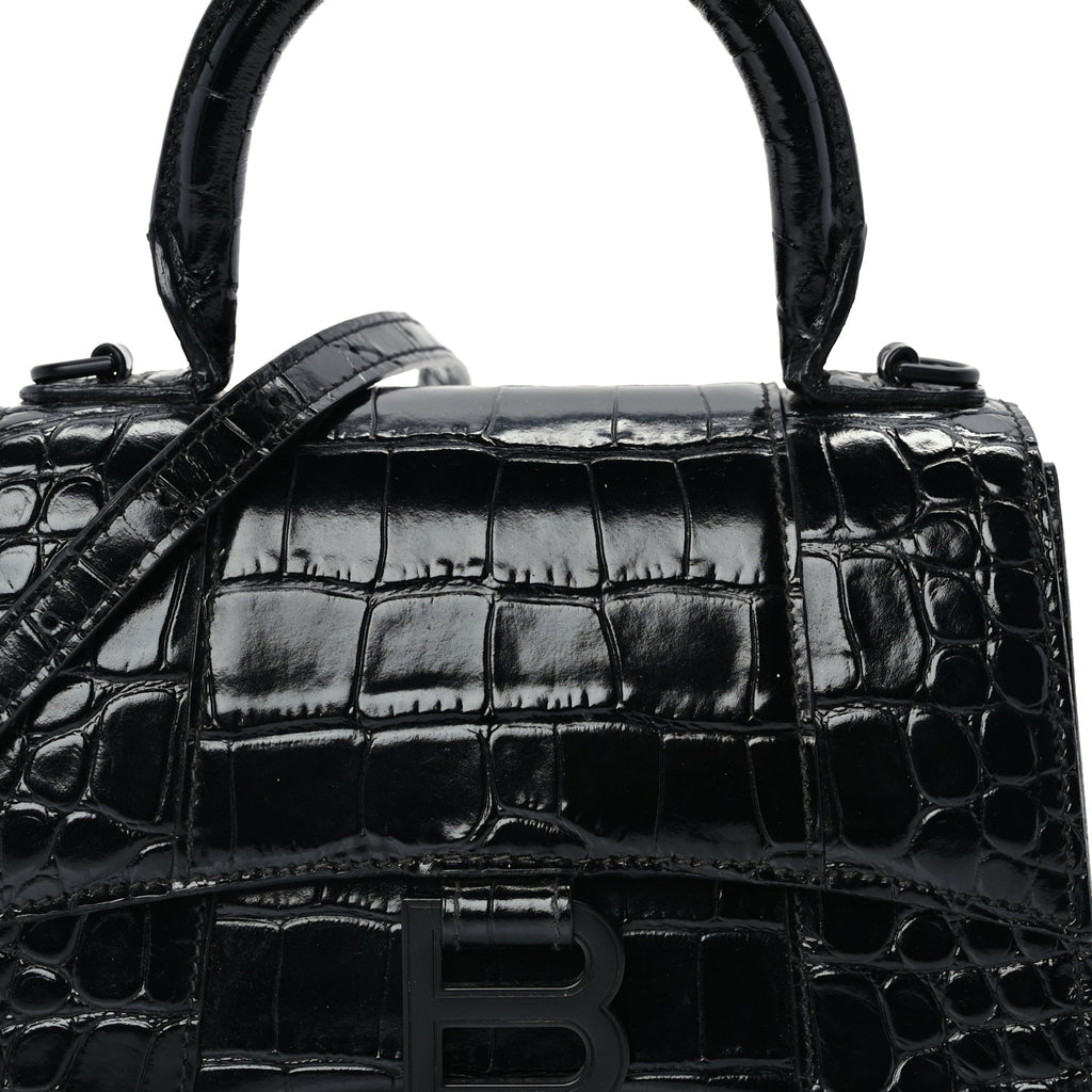 Balenciaga Shiny Calfskin Monochrome Crocodile Embossed Hourglass Top Handle Bag XS Black