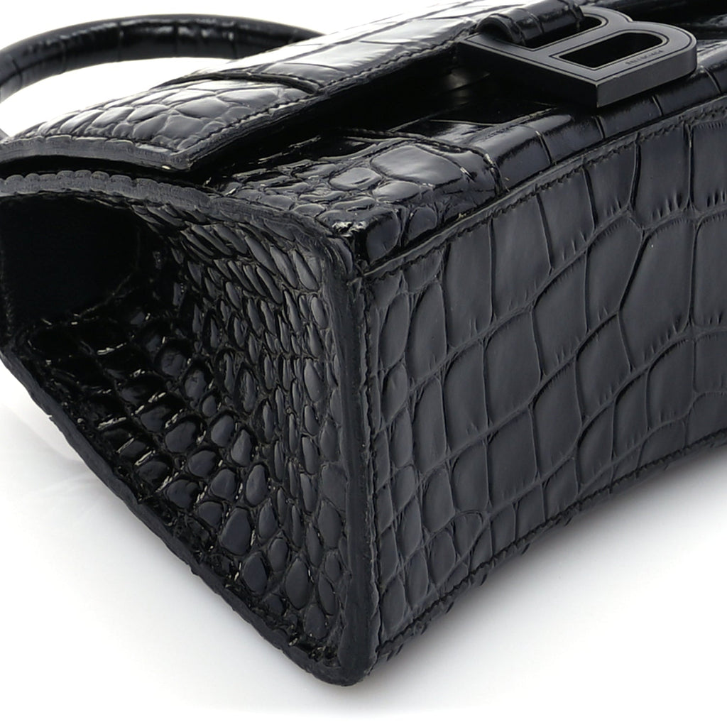 Balenciaga Shiny Calfskin Monochrome Crocodile Embossed Hourglass Top Handle Bag XS Black