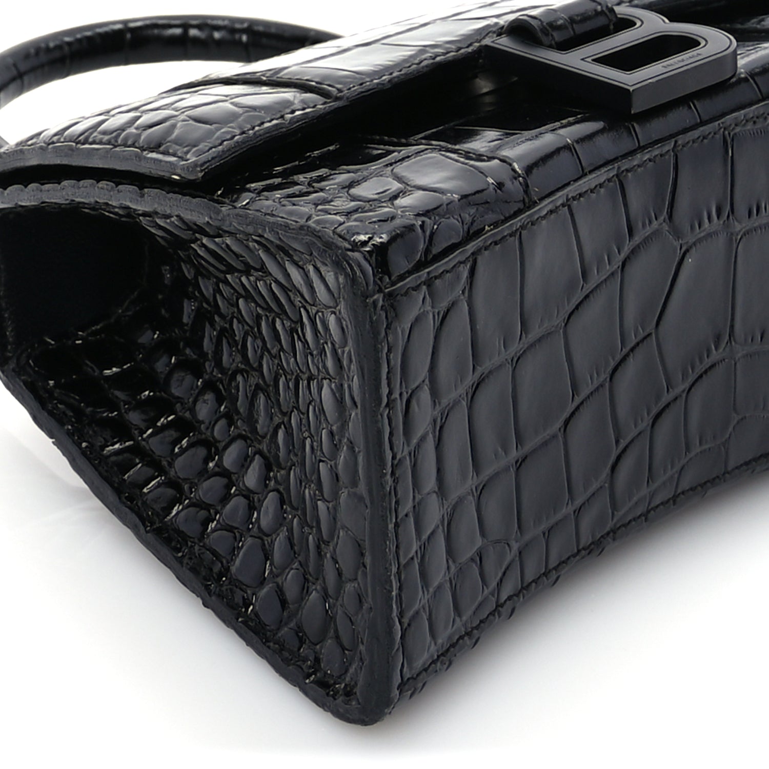 Balenciaga Shiny Calfskin Monochrome Crocodile Embossed Hourglass Top Handle Bag XS Black