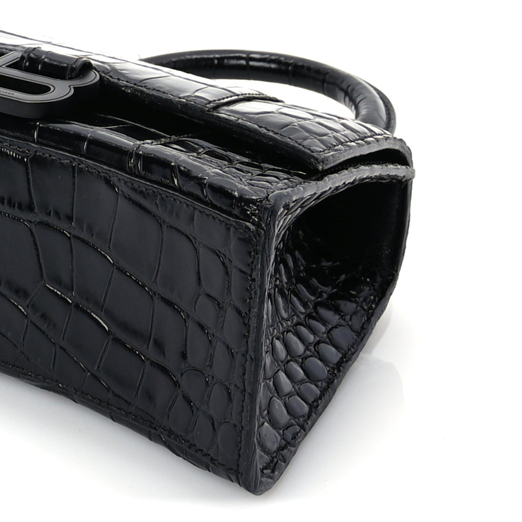 Balenciaga Shiny Calfskin Monochrome Crocodile Embossed Hourglass Top Handle Bag XS Black