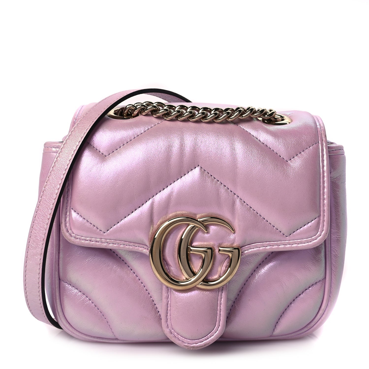 Gucci Iridescent Nappa Chevron Matelasse Mini GG Marmont Shoulder Bag Iridescent Escape Pink