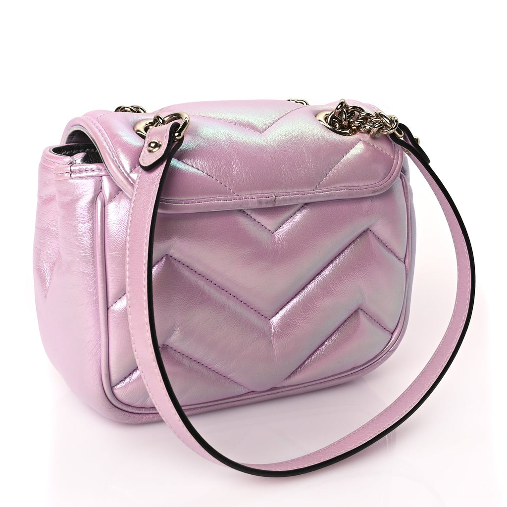 Gucci Iridescent Nappa Chevron Matelasse Mini GG Marmont Shoulder Bag Iridescent Escape Pink