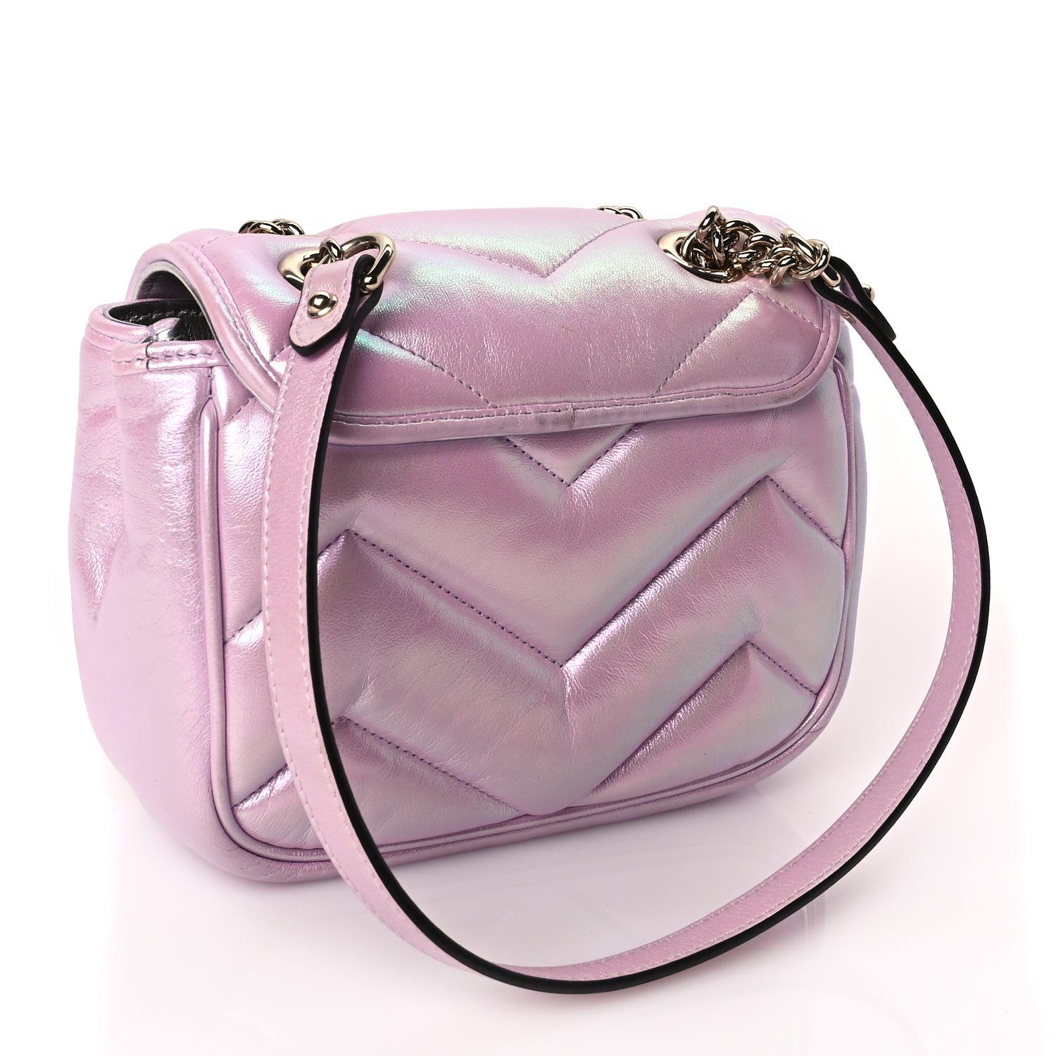 Gucci Iridescent Nappa Chevron Matelasse Mini GG Marmont Shoulder Bag Iridescent Escape Pink