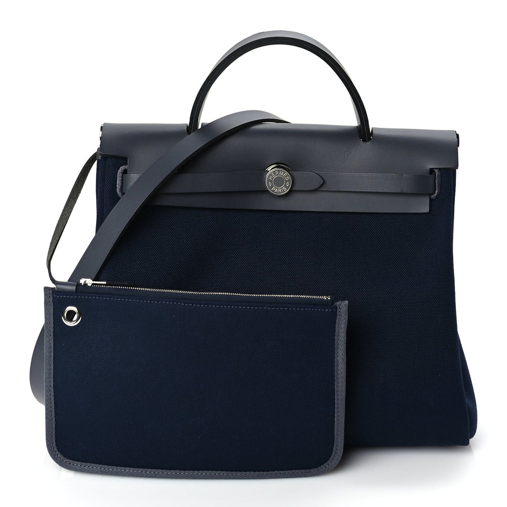 Hermes Military Toile Vache Hunter Herbag Zip Retourne 31 PM Bleu Marine Black