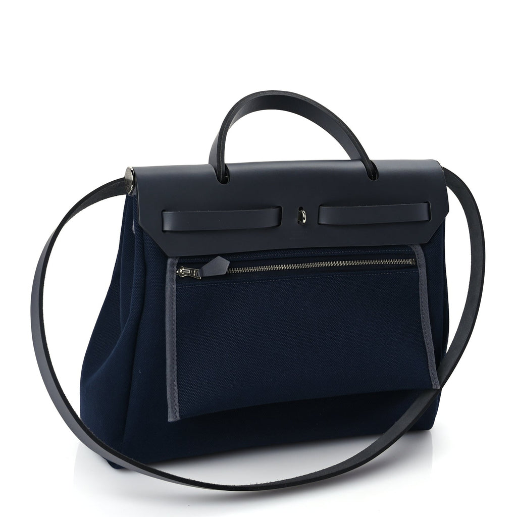 Hermes Military Toile Vache Hunter Herbag Zip Retourne 31 PM Bleu Marine Black