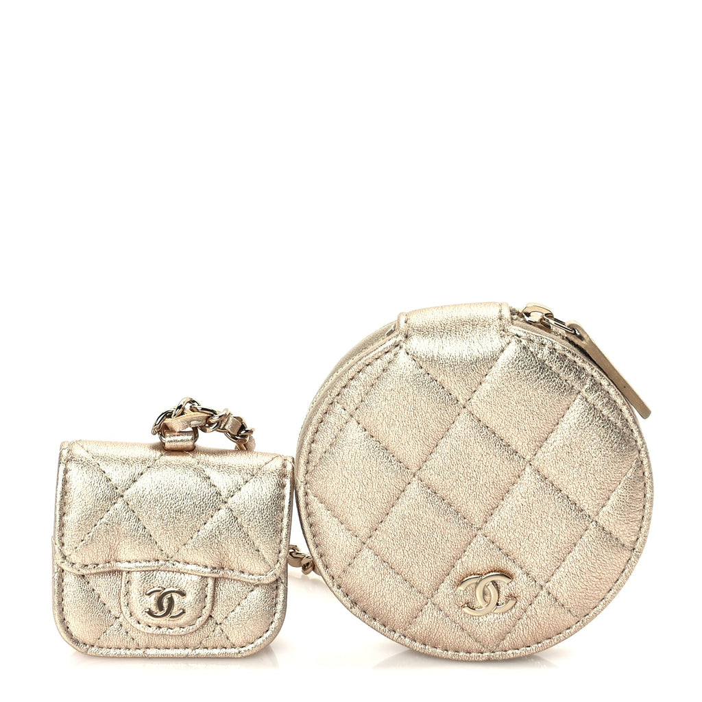 Chanel Metallic Lambskin Quilted Round Clip On Coin Purse Airpods Case  Gold
