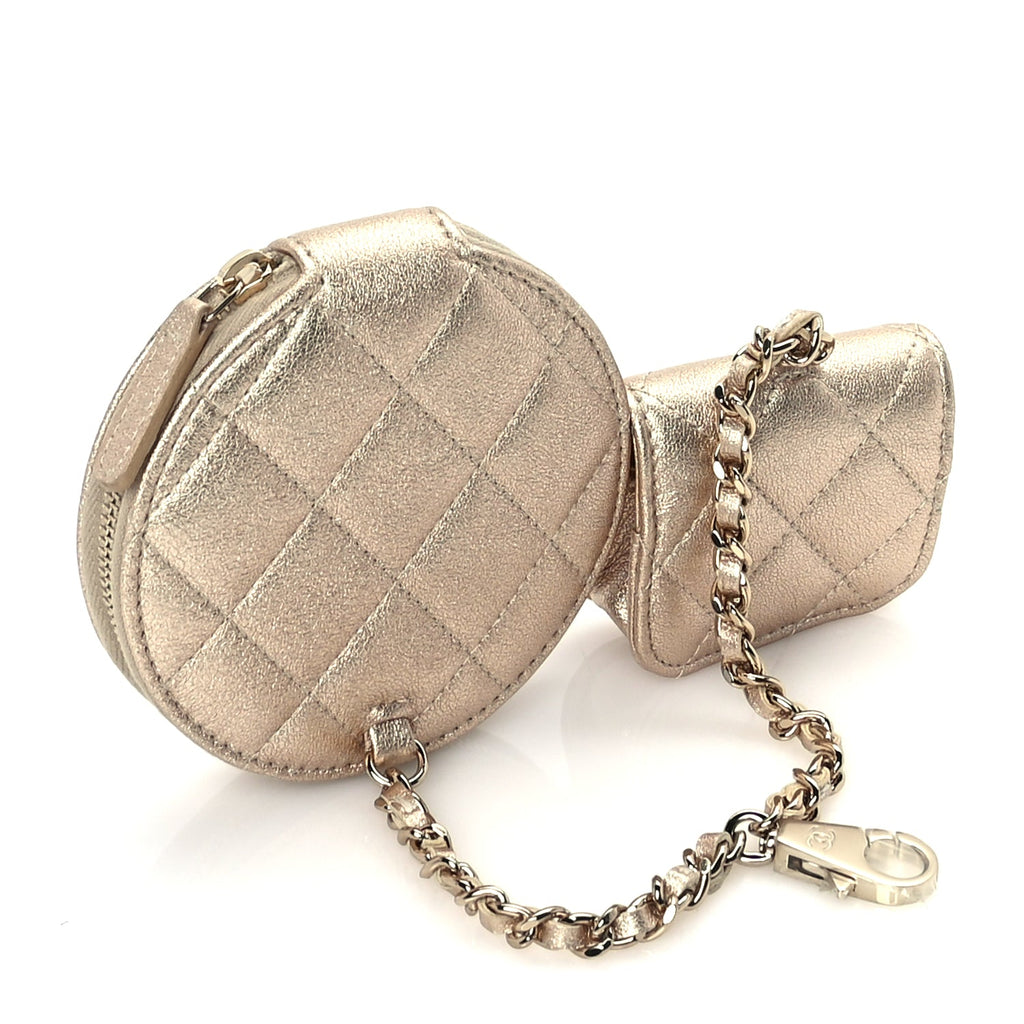 Chanel Metallic Lambskin Quilted Round Clip On Coin Purse Airpods Case  Gold