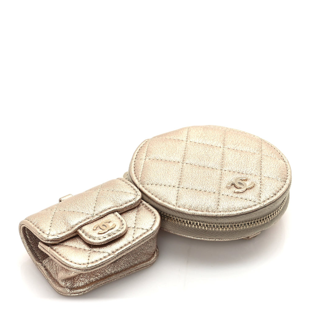 Chanel Metallic Lambskin Quilted Round Clip On Coin Purse Airpods Case  Gold