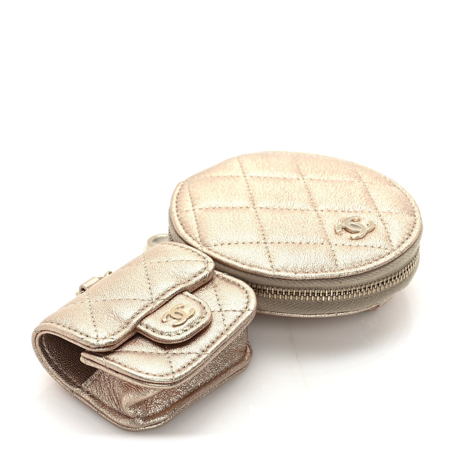Chanel Metallic Lambskin Quilted Round Clip On Coin Purse Airpods Case  Gold
