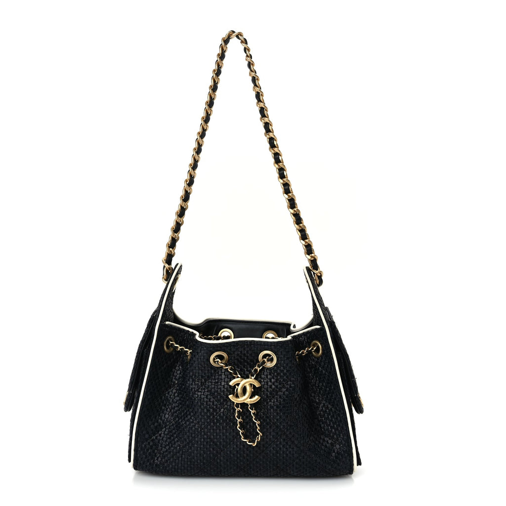 Chanel Braided Raffia Calfskin Quilted Mini Chanel 25 Handbag Black White
