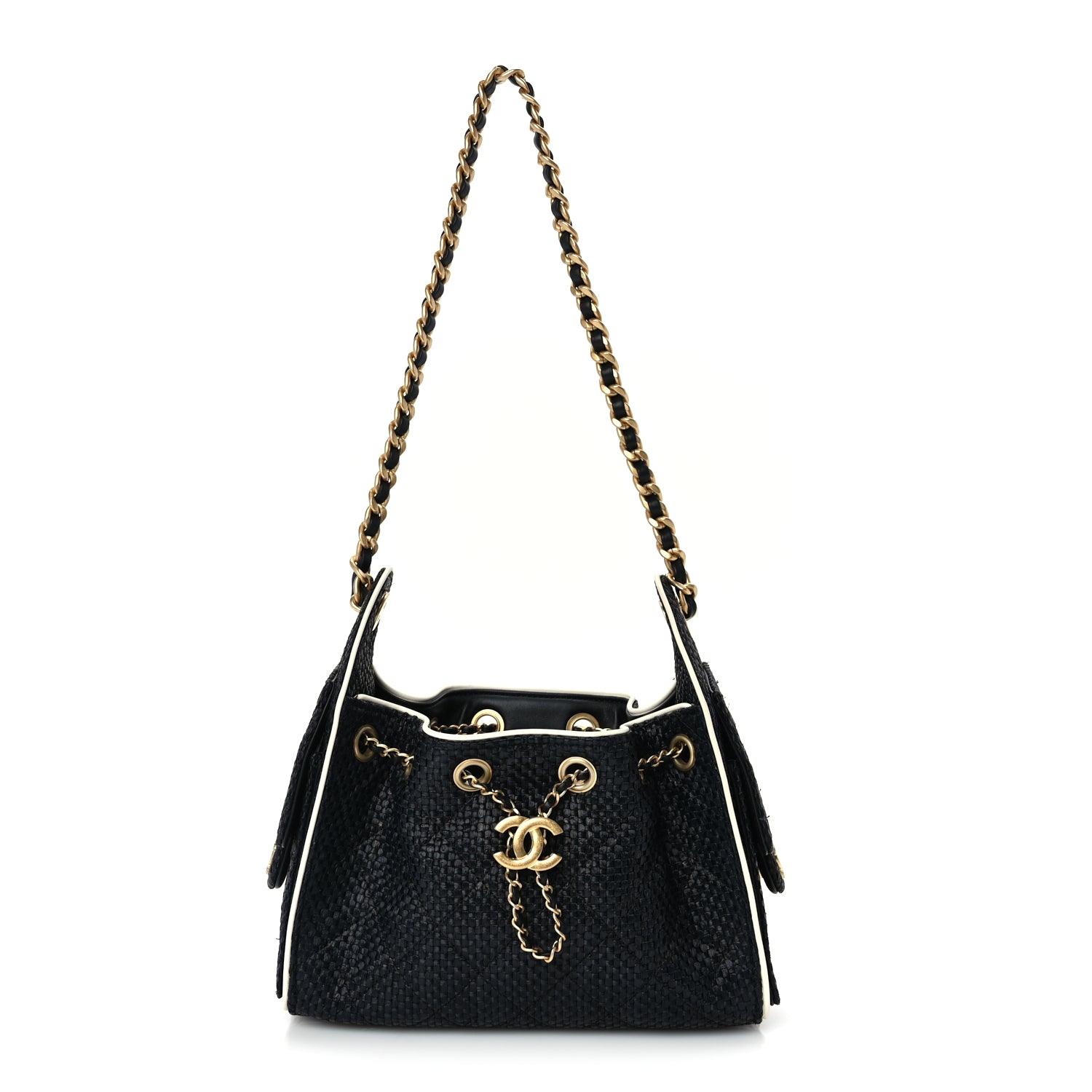 Chanel Braided Raffia Calfskin Quilted Mini Chanel 25 Handbag Black White