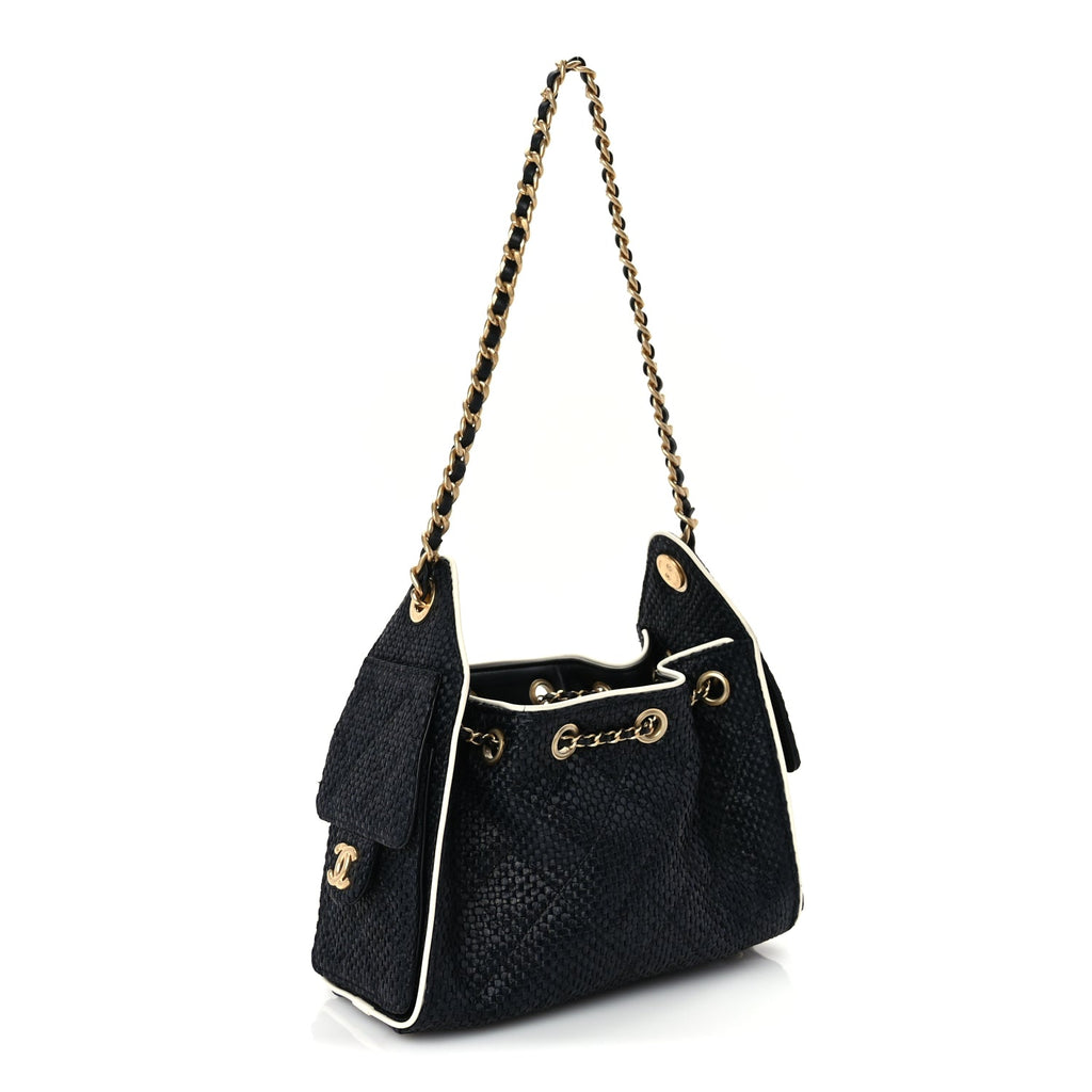 Chanel Braided Raffia Calfskin Quilted Mini Chanel 25 Handbag Black White