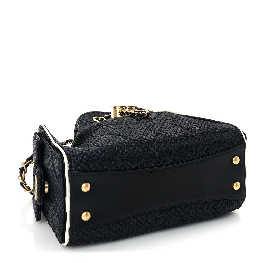 Chanel Braided Raffia Calfskin Quilted Mini Chanel 25 Handbag Black White