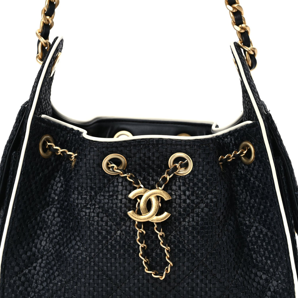 Chanel Braided Raffia Calfskin Quilted Mini Chanel 25 Handbag Black White