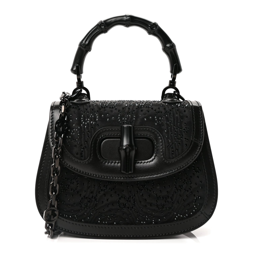 Gucci Moire Fabric Calfskin Rhinestone Monogram Monochrome Mini Bamboo 1947 Top Handle Chain Bag Black
