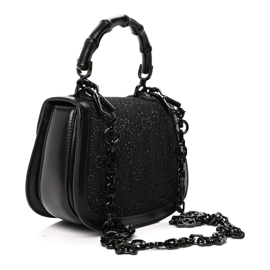 Gucci Moire Fabric Calfskin Rhinestone Monogram Monochrome Mini Bamboo 1947 Top Handle Chain Bag Black