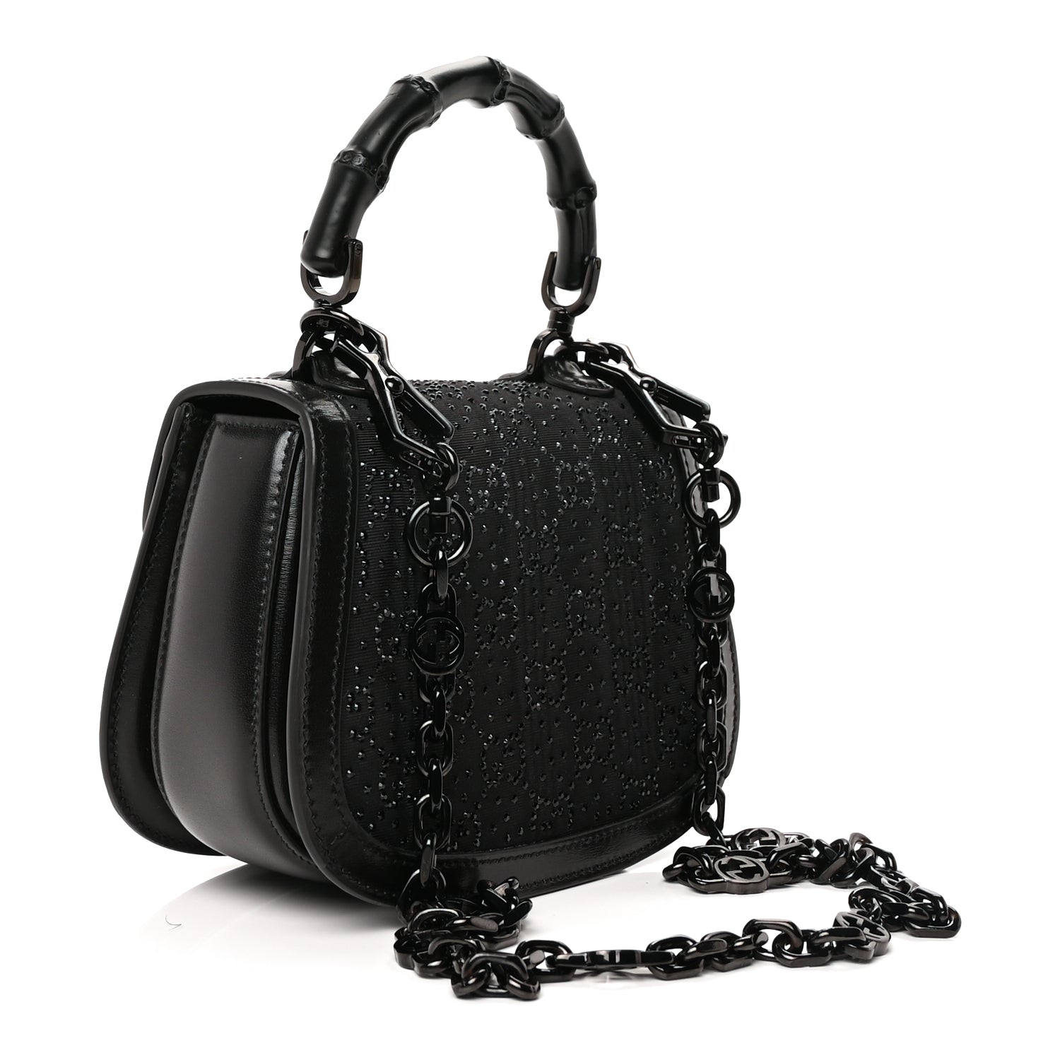 Gucci Moire Fabric Calfskin Rhinestone Monogram Monochrome Mini Bamboo 1947 Top Handle Chain Bag Black