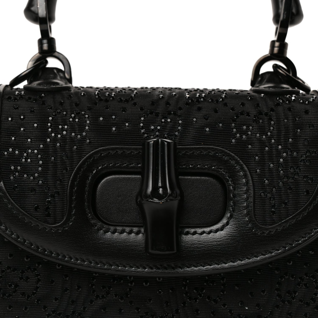Gucci Moire Fabric Calfskin Rhinestone Monogram Monochrome Mini Bamboo 1947 Top Handle Chain Bag Black