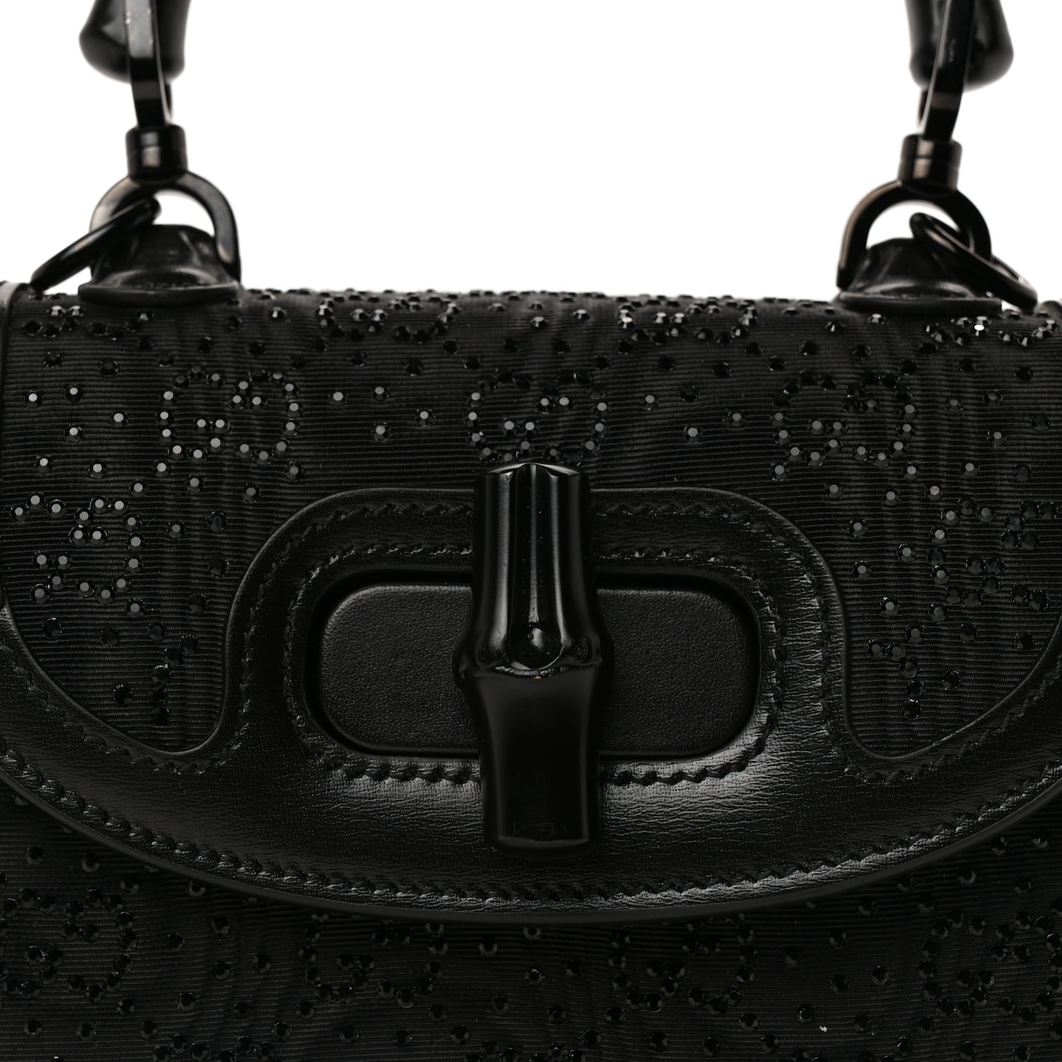 Gucci Moire Fabric Calfskin Rhinestone Monogram Monochrome Mini Bamboo 1947 Top Handle Chain Bag Black