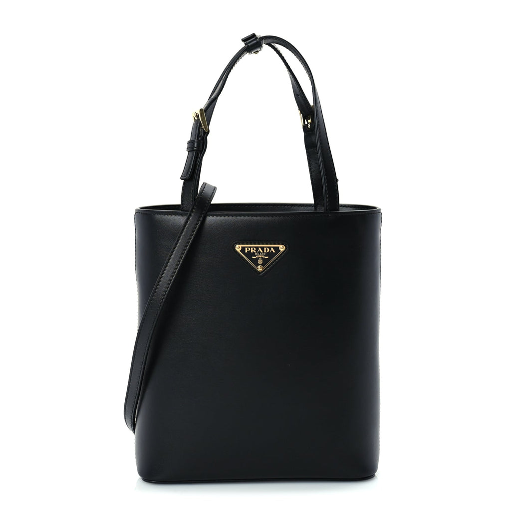 Prada Calfskin Metal Triangle Logo Tote  Black